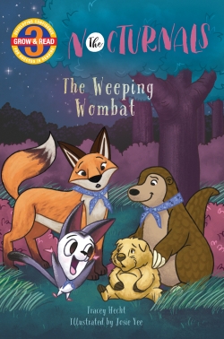 In a purple tree forest, Dawn, a fox, Bismark, a sugar glider, and Tobin, a pangolin, surround a worried looking Walter, a wombat, who is sitting on the grass. 